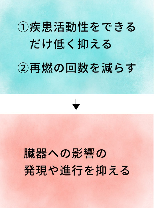 ①疾患活動性をできるだけ低く抑える②再燃の回数を減らす臓器への影響の発現や進行を抑える